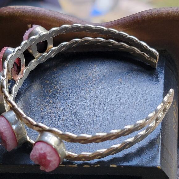 Sterling Silver Pink Druzy and Jasper Cuff Bracelet Handmade - Picture 6 of 6
